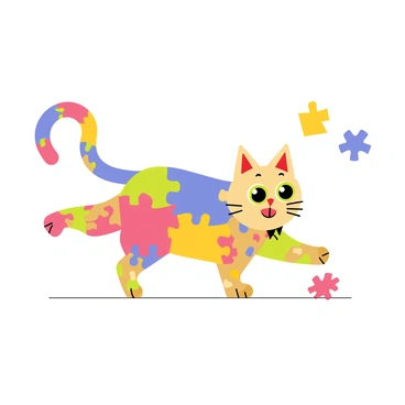 A playful cat whose body is whimsically assembled from puzzle pieces