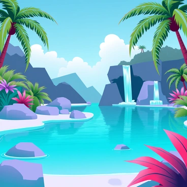 A tropical lagoon with "turquoise blue waters" that shimmer under the sunlight. Surrounding the lagoon, there is "lush greenery" featuring various palm trees and vibrant tropical plants. In the foreground, a few large, smooth rocks are partially visible, with small waves gently lapping against them. Overhead, the sky is clear with a few fluffy white clouds scattered across. In the distance, a small waterfall cascades down a rocky cliff, adding to the serene ambiance of the scene.
