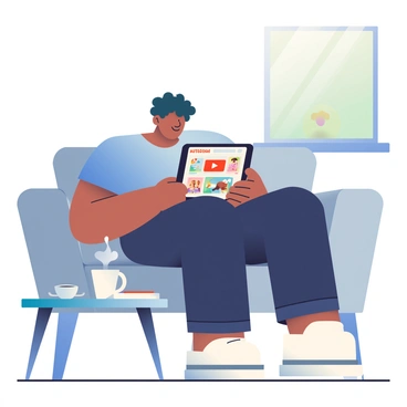 A customer with light brown skin and curly black hair is seated comfortably on a gray couch, intently watching an online tutorial video on a tablet. The tablet is held in their hands, displaying a colorful interface with a play button and vibrant images related to the new product. The customer is wearing a casual blue t-shirt and dark jeans, and there is a small coffee table in front of them with a steaming cup of coffee and an open notebook with a pen. Soft natural light filters in from a nearby window, illuminating the cozy living space.