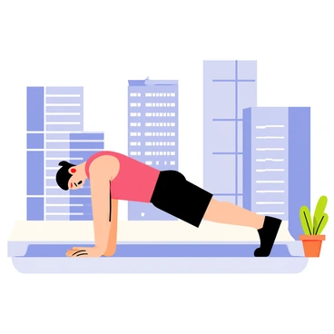 A person performing knee push-ups on a rooftop. The individual is wearing a red tank top and black shorts. A muscular build is visible as they hold their body in a straight line. In the background, tall skyscrapers with glass facades and a clear blue sky are visible. The rooftop has a bit of greenery, with a small potted plant nearby.