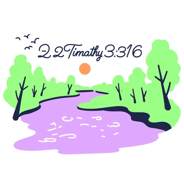 A peaceful river scene is depicted at sunrise, with the sun casting an orange glow across the water's surface. Trees line the riverbanks, their leaves gently swaying in a light breeze. In the foreground, "the text of 2 Timothy 3:16" is floating above the river, appearing in a delicate, flowing font. Soft ripples form on the water, reflecting the warm colors of the sunrise, while birds can be seen flying in the distance.