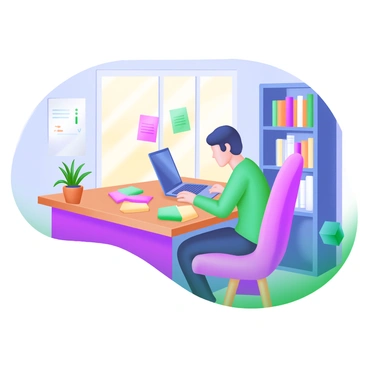 A cozy study nook featuring a person sitting at a wooden desk, focused on a laptop. The individual is surrounded by a variety of colorful flashcards scattered across the desk. A small potted plant sits on the corner of the desk, adding a touch of greenery. A comfortable chair is positioned at the desk, and a bookshelf filled with books is visible in the background. Warm light filters in through a nearby window, creating an inviting atmosphere for studying.