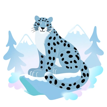 A close-up of a "snow leopard" with its thick, soft fur and distinctive rosettes is featured prominently in the image. The leopard is perched on a rocky ledge, surrounded by a landscape of "snow-covered mountains" and patches of "green vegetation." The background includes blurred silhouettes of "pine trees" and "distant peaks," enhancing the natural setting. The atmosphere captures the essence of the snow leopard's "endangered" status in its wild environment.