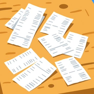 A collection of receipts, each with varying lengths and handwritten notes, is scattered across a textured rustic table. The receipts display different fonts and sizes, some featuring barcodes and store logos. The wooden table has visible grain patterns, with knots and chips contributing to its aged appearance. Soft shadows from the receipts create a contrast against the surface of the table, emphasizing their uneven arrangement. A few crumpled receipts are layered atop flat ones, adding depth to the composition. The overall scene conveys a sense of everyday life captured in a moment.