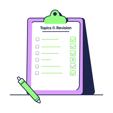 A clipboard is positioned upright on a flat surface, featuring a checklist of topics for revision. Each item on the list is marked with a checkmark, indicating completion. The clipboard is made of a smooth material and has clips at the top. The checklist is neatly written, with clear headings for each topic. A green pen is lying beside the clipboard, indicating that it was used to mark the checkmarks. The overall scene is organized, showcasing productivity and accomplishment.