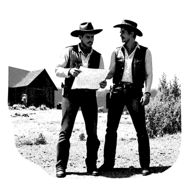 Two cowboys are depicted in the Wild West, intently studying a treasure map. The first cowboy, wearing a wide-brimmed hat and a bandana around his neck, holds the map open in front of him. He has rugged features and a determined expression on his face. The second cowboy stands beside him, leaning slightly over the map, with a leather vest and a pistol holstered at his side. In the background, the landscape features rolling hills, sparse vegetation, and a distant silhouette of mountains. There is a weathered wooden cabin partially hidden among the trees, suggesting the location of their treasure. The sun casts long shadows across the ground, adding depth to the scene.