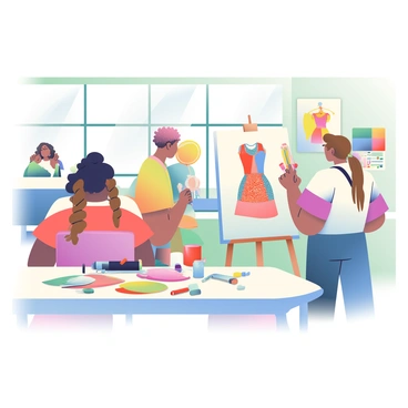 An art classroom filled with natural light, where several students are engaged in creating fashion illustrations. One student, with dark skin and curly hair, is focused on sketching a dress design on a large sheet of white paper using colored pencils. Another student, with light skin and straight brown hair, is standing near an easel displaying a vibrant watercolor fashion illustration. To the left, a student with medium skin and braided hair is arranging various fabric swatches on a table, surrounded by scattered art supplies including markers and brushes. The walls of the classroom are decorated with colorful artwork and fashion posters.