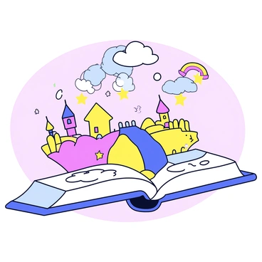 A giant open book with a thick spine and pages slightly curled at the edges. The pages are filled with colorful, dream-like illustrations that float above, featuring whimsical elements such as swirling clouds, tiny castles, and playful animals. The illustrations appear to shimmer with vibrant colors, creating a fantastical scene that spills out from the book. The background is a soft, muted color to highlight the book and its enchanting illustrations.
