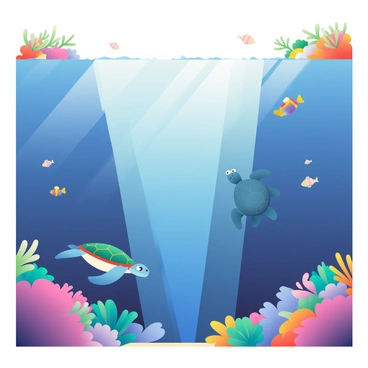 A deep sea scene features a vast underwater landscape with vibrant coral reefs on either side. In the center, a geological fault line creates a dramatic drop in the ocean floor, showcasing the contrast between the level ground and the sudden vertical shift. Various fish, including a school of colorful angelfish, are swimming above the reef, while a large sea turtle glides gracefully near the fault. Sunlight filters down through the water, casting soft beams that illuminate the scene, highlighting the textures of the sea floor and the corals.