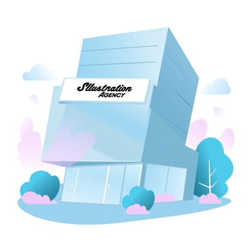 A modern office building in Sydney showcases a sleek glass facade that reflects the surrounding skyline. The building is tall and structured with sharp angles, adorned with a large sign that prominently displays the words "Illustration Agency." The entrance features glass doors that lead into a spacious lobby. Surrounding the building are neatly trimmed bushes and a few trees that provide a touch of greenery. The sky above is clear, enhancing the contemporary feel of the scene.