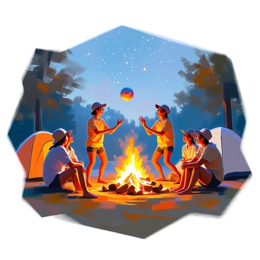 Campers playing volleyball by a campfire under starry skies