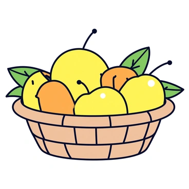 A round woven basket made of light brown wicker. The basket is filled with several glossy, yellow-orange passion fruits. The fruits have a slightly textured skin and some have small blemishes, indicating they are freshly picked. Surrounding the basket are a few green leaves, adding a touch of color and freshness to the scene. The basket sits on a wooden surface, suggesting a local market atmosphere.