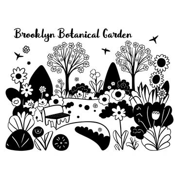 A wide view of a garden filled with a variety of blooming flowers, including tall sunflowers, clustered daisies, and delicate tulips. Several trees with intricate branches stand in the background, their leaves filled with detail. A meandering path leads through the garden, surrounded by neatly trimmed hedges and ornamental bushes. In the foreground, a decorative stone bench invites visitors to sit and enjoy the vibrant scenery, while butterflies flutter around the blossoms. The words "Brooklyn Botanical Garden" are prominently displayed above the scene.