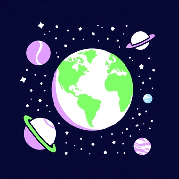 A globe is floating in the vastness of space. The globe is detailed with landmasses and oceans, and its surface is illuminated. Surrounding the globe, a multitude of stars twinkle in the dark void, creating a celestial backdrop. Nearby, several planets of varying sizes and textures are visible, each displaying unique features such as rings or surface markings. The scene conveys a sense of exploration and the endlessness of the universe.