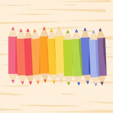 An array of colored pencils arranged in a rainbow spectrum on a wooden table. The pencils are lined up from red on the left, transitioning through orange, yellow, green, blue, indigo, and violet on the right. Each pencil has a sharpened tip and is placed upright, displaying its vibrant color. The table surface is smooth with a light grain texture, reflecting some of the colors from the pencils above.