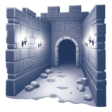 A dark, narrow tunnel extends beneath an ancient stone castle. The walls are rough and uneven, constructed from large, aged stones that show signs of weathering. Flickering torches are mounted along the walls, casting dancing shadows that create a mysterious atmosphere. The floor is uneven, with patches of loose dirt and scattered stones. The tunnel leads deeper into the castle's underground, hinting at hidden chambers and long-lost secrets.