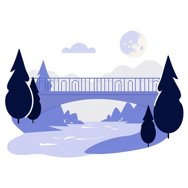 A delicate bridge with ornate railings spans across a flowing river. The bridge is illuminated by soft moonlight, casting gentle reflections on the water below. Wisps of mist curl around the base of the bridge and along the riverbanks, creating an ethereal atmosphere. The surrounding landscape is dotted with shadowy trees, their silhouettes barely visible in the dim light. In the background, the moon hangs low in the sky, surrounded by a few scattered stars.