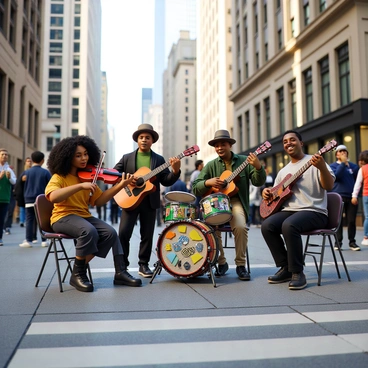 A group of street musicians is performing on a bustling corner in Chicago. The musicians include a woman with long curly hair playing a vibrant red violin, and a man with a wide-brimmed hat strumming a uniquely designed electric guitar covered in stickers. Beside them, a percussionist with a joyful expression is playing on a handmade drum set made from repurposed materials. People are gathered around, some clapping along to the music, while others are capturing the moment on their smartphones. The backdrop features iconic Chicago architecture, enhancing the lively atmosphere of the performance.