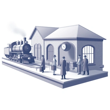 An old-time train station with a classic architectural design featuring brick walls and large arched windows. A steam locomotive stands proudly on the tracks, emitting a plume of steam from its chimney. Passengers in period clothing, including men in hats and women in long dresses, are waiting on the platform. Some are holding suitcases while others are engaged in conversation. Benches are placed along the platform, and a vintage clock hangs prominently, indicating the time. The scene conveys a sense of anticipation and travel in a bygone era.
