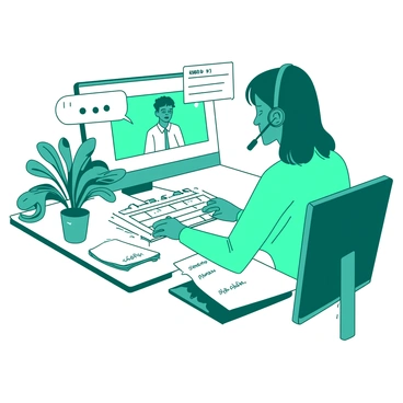 A teal tech support agent is sitting at a white desk, speaking into a headset while looking at a computer screen. The agent has a focused expression as they type on a white keyboard, navigating through a troubleshooting guide. In front of the agent, there is a white notepad with handwritten notes. On the other end of the phone, a concerned customer is visible on a small screen, appearing to follow the instructions given. The room is filled with tech equipment and a small plant sits on the edge of the desk.