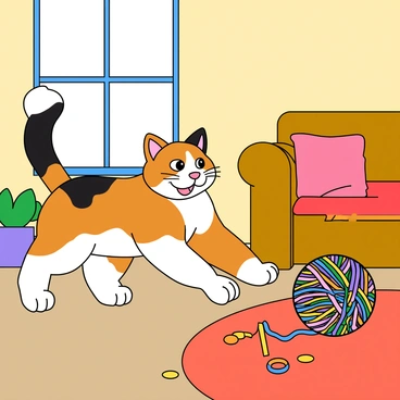 A playful calico cat with patches of orange, black, and white fur is energetically chasing a large, colorful yarn ball that is rolling across a bright living room floor. The living room is filled with natural light coming from a nearby window, illuminating the space. There is a soft, multi-colored rug under the cat's paws, and a couch with vibrant cushions can be seen in the background. A few scattered toys are placed around the room, adding to the playful atmosphere. The cat's eyes are wide with excitement as it pounces towards the yarn ball.