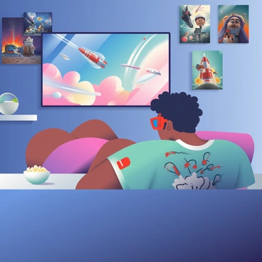 A young adult with medium skin is sitting on a comfortable couch, wearing red and blue 3D glasses. They have short, curly black hair and are dressed in a graphic t-shirt featuring a space theme. The individual is focused on a large modern flat-screen TV displaying a vibrant sci-fi thriller scene with spaceships and distant planets. The room has dim lighting, creating a cozy atmosphere, and a bowl of popcorn is placed on the coffee table in front of the couch. Behind the couch, there are posters of other sci-fi movies adorning the walls.