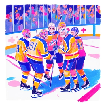 A group of ice hockey players is gathered around, celebrating a goal on an ice rink. Each player is wearing a distinct sports mask with unique patterns, showcasing bright colors and intricate designs. The players are in motion, with one player raising their stick in the air, while others are embracing and high-fiving. Their hockey uniforms are vibrant and feature various team colors. The background displays the excited crowd, with fans cheering and waving flags. The scene is filled with energy and enthusiasm, capturing the joy of victory.