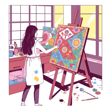 An artist with long dark hair is standing in a bright studio, intently painting a colorful kaftan design on a large canvas. The canvas features intricate patterns and vibrant colors, showcasing floral and geometric motifs. The artist is wearing a white apron splattered with paint, and the studio is filled with art supplies like brushes and paints. Sunlight streams through large windows, illuminating the scene and creating a warm atmosphere.