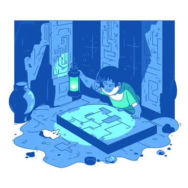 A blue temple with towering stone walls covered in intricate carvings is filled with shadows. In the center of the temple, there is a large, weathered stone puzzle adorned with symbols. A pair of kids, one wearing a teal shirt and the other in a white t-shirt, are bending over the puzzle, their brows furrowed in concentration. The first child is placing a piece into the puzzle, while the second is holding a glowing lantern that casts a warm light across their eager faces. Ancient relics and scattered stones surround them, adding to the sense of discovery in this hidden place.