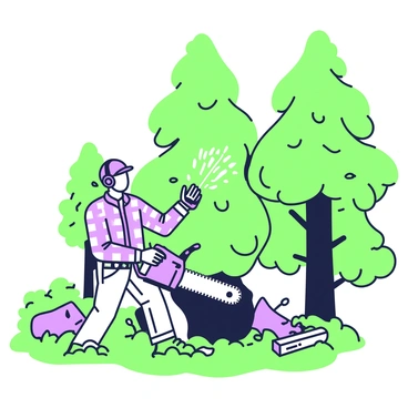 A lumberjack skillfully cutting a tree with a chainsaw in a lush forest.