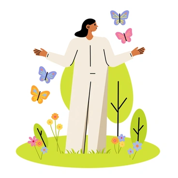 A sculpture in a park depicting a person with arms outstretched, surrounded by colorful butterflies. The person has a serene expression and flowing hair, made of smooth stone. The butterflies are various sizes and colors, with vivid patterns on their wings, fluttering around the figure. The park setting includes green grass, blooming flowers, and trees in the background, creating a vibrant scene. A soft sunlight casts gentle shadows on the sculpture and the butterflies.