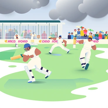 A wide view of Old Trafford cricket ground is set during a rainy day. Dark clouds loom overhead, casting a gray hue over the scene. Players in white cricket uniforms are engaged in an intense match, their faces focused and determined. Some players are running on the wet grass, leaving short trails of mud behind. Raindrops create ripples on the puddles forming in the outfield. In the background, spectators in colorful raincoats are holding umbrellas, some peeking out to catch the action. The boundary ropes are visibly wet, and the pitch shows signs of the rain, with a glistening surface reflecting the overcast sky.