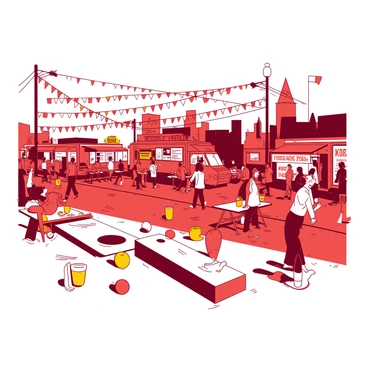 A red city block is filled with people enjoying a lively party atmosphere. There are groups of people playing cornhole, with colorful bean bags flying across the game boards. Nearby, multiple food trucks are lined up, each brightly decorated and serving various types of food. People are gathered around the food trucks, eagerly looking at menus and chatting. Some partygoers are seated at picnic tables, while others are standing and laughing with drinks in hand. Colorful banners and balloons are strung between lampposts, adding to the festive vibe of the scene.