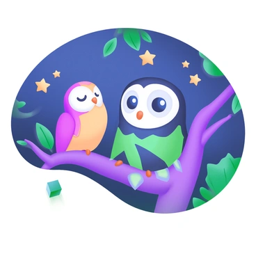 A flat-faced character with a gentle expression is sitting comfortably on a sturdy branch of a tree. Beside them, a friendly owl with large, round eyes and soft feathers is perched, gazing up at the night sky. The stars are twinkling brightly above, illuminating the scene. The character's outfit is casual, with vibrant colors that complement the natural surroundings. The branch is surrounded by lush green leaves, adding to the serene atmosphere of the moment.