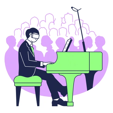 A blind musician is seated at a grand piano on stage, surrounded by soft lighting that highlights their focused expression. They have short hair and are wearing a dark suit. Their fingers move gracefully over the keys, capturing the attention of the audience. Sheet music is placed on the stand in front of them, while the grand piano's polished surface reflects the warm light. In the background, there are silhouettes of people seated, some with heads turned towards the musician, fully engaged in the performance.