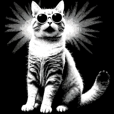A cat with distinct fur patterns is sitting comfortably, wearing oversized sunglasses. Its ears are perked, indicating engagement with the music. The background features bright disco lights casting dynamic patterns across the scene. The cat's tail is slightly raised, and its body is positioned in a relaxed yet animated posture, as if it is truly enjoying the moment. The overall ambiance suggests a playful, lively atmosphere, highlighting the cat's enjoyment.
