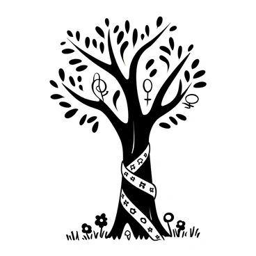 A powerful tree with a thick trunk and sprawling branches stands tall in a field. Its roots are intricately wrapping around various symbols of gender equality, such as the female sign and the male sign, integrated within the earth. The field is dotted with grass and small wildflowers surrounding the base of the tree. The scene captures the contrast between the strength of the tree and the delicate symbols intertwined with its roots.