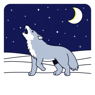 A gray wolf with thick fur is standing on a sand dune in the desert. Its head is tilted back as it howls, with its mouth open wide, displaying sharp teeth. The background features a vast desert landscape with rolling sand dunes extending into the distance. Above, a bright starry sky is visible, filled with numerous twinkling stars and a prominent crescent moon casting a soft glow over the scene. The contrast between the dark sky and the light sand creates a striking visual effect.
