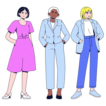 Silhouettes of three fashion models standing in dynamic poses. The first model is wearing a flowing gown with a cinched waist, accentuating her figure. The second model is dressed in a chic, tailored suit with sharp lines and defined shoulders. The third model sports a trendy streetwear outfit, featuring an oversized jacket and slim-fit pants. Each silhouette is outlined in smooth, continuous lineart, creating a clean and minimalist aesthetic. The models are positioned against a plain background for contrast.