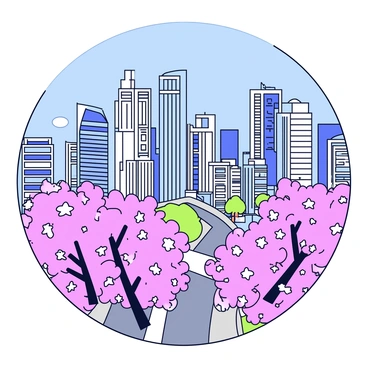 A bustling cityscape filled with tall buildings and skyscrapers. The buildings exhibit a variety of architectural styles, with large glass windows reflecting sunlight. In the foreground, there are cherry blossom trees in full bloom. The branches are laden with delicate pink flowers that contrast beautifully against the city backdrop. A clear blue sky is visible, adding brightness to the scene.