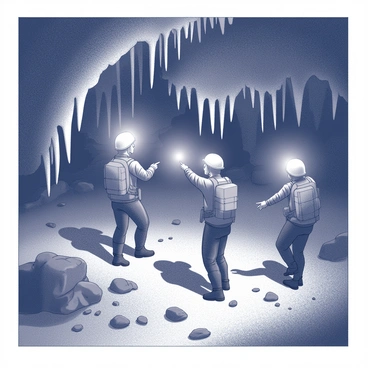 A group of spelunkers wearing headlamps is navigating through a dark cave. The spelunkers are dressed in protective gear, with helmets and harnesses. Their headlamps illuminate the rocky walls and reveal numerous stalactites hanging from the ceiling. The stalactites have various shapes and sizes, creating an intricate natural formation. The ground is uneven and rocky, with some areas covered in loose stones. The spelunkers are pointing towards the formations, discussing their observations as they explore deeper into the cave.