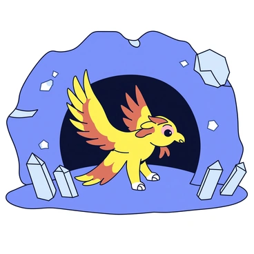 A griffon with a majestic wingspan is entering a cave. The griffon's feathers are a rich blend of golden and brown hues, and it has piercing eyes that reflect curiosity. The entrance of the cave is flanked by glowing crystals, which emit a soft blue light. These crystals are various sizes and shapes, some jutting out from the rocky surface while others are embedded in the ground. The cave's opening is dark, contrasting with the luminous crystals, creating a sense of intrigue.
