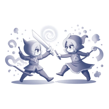 Two gacha characters in dynamic poses, facing off in a playful battle. One character, a warrior with a large sword raised high, has a determined expression. The other character, a mage, holds a glowing staff with swirling magical energy at its tip. Both characters exhibit vibrant costumes with intricate details, emphasizing their unique traits. Surrounding them are various action effects, such as sparks and energy waves, creating a sense of movement and excitement in the scene. The background is filled with abstract shapes that enhance the lively atmosphere of their playful encounter.