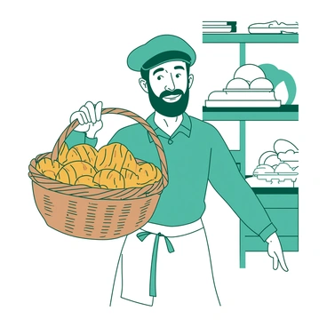 A smiling boulanger carrying a basket filled with freshly baked croissants