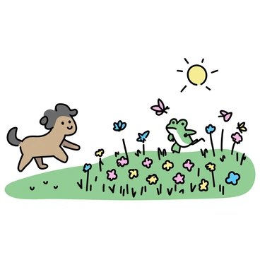 A green field, densely filled with colorful flowers, is the setting for a playful scene. A small, vibrant green frog is hopping energetically, while a fluffy puppy with a light brown coat is chasing after it. The puppy has its ears flopping wildly as it runs. Various butterflies flutter around, showcasing different colors and patterns as they navigate through the flowers. The sun casts a soft light over the entire scene, enhancing the liveliness of the field.