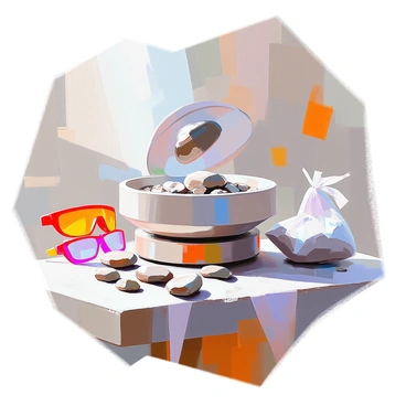 A rock tumbler is shown in action, with several small, rough stones inside the rotating drum. The tumbler is positioned on a workbench, and the drum's lid is slightly open, revealing the pebbles that are being polished. Bright light reflects off the smooth, shiny surfaces of a few completed stones that are scattered around the tumbler. The workshop is filled with tools and materials associated with rock polishing, including grit bags and safety goggles.