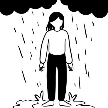 A girl standing outside in the rain, with raindrops falling around her. Her hair is wet and clings to her shoulders. The ground is puddled with water, reflecting the dark clouds above. The texture of her clothing shows the dampness of the rain. "Inner turmoil" is depicted through the water highlighting her form, with raindrops splashing around her.