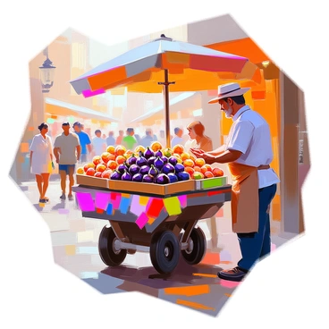 A street vendor stands beside a colorful cart overflowing with fresh figs. The vendor is a middle-aged man wearing a striped apron and a wide-brimmed hat to shield him from the sun. The cart is decorated with vibrant banners and is filled with an assortment of ripe, purple and green figs, arranged neatly in wooden crates. It is a bustling market scene with pedestrians walking by, some stopping to admire the figs. In the background, there are other market stalls and the warm glow of the afternoon sun casts soft shadows on the cobblestone street.