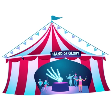 A large, colorful circus tent with red and white stripes, prominently featuring a steep peak at the center. The entrance is wide and inviting, flanked by bright, twinkling lights. Inside the tent, a dimly lit area showcases a "Hand of Glory," a mystical-looking object resting on a velvet pedestal. The hand is skeletal, with intricate carvings and a faint, eerie glow emanating from it, casting shadows on the ground. Surrounding the attraction, circus performers in vibrant costumes entertain the audience, while a crowd of curious onlookers marvels at the strange exhibit. Bright banners and colorful decorations hang from the tent's interior, adding to the festive atmosphere.