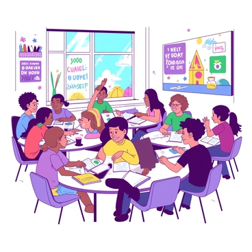 A bright classroom filled with happy students actively engaging with various learning materials. The walls are decorated with colorful positive affirmations, including phrases like "You can do it!" and "Believe in yourself!" Each affirmation is framed in different shapes. The students are sitting at round tables, working in groups, with one student raising their hand to answer a question. Sunlight streams in through large windows, illuminating the space and creating a warm atmosphere. Desks are scattered with books, art supplies, and educational posters featuring vibrant colors that enhance the lively environment.